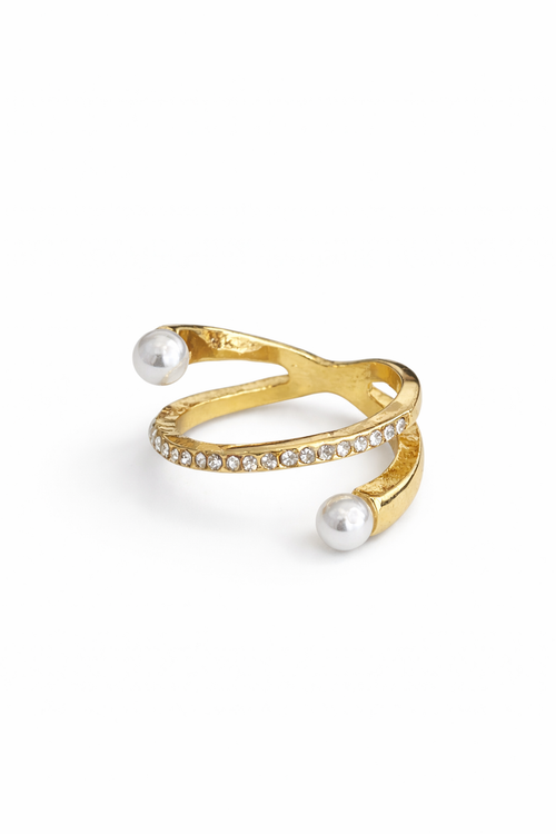 Gold pearl and crystal opening ring