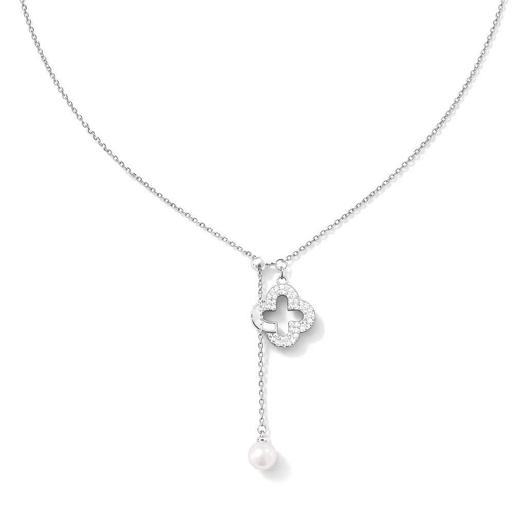 Four-leaf clover pearl tassel necklace