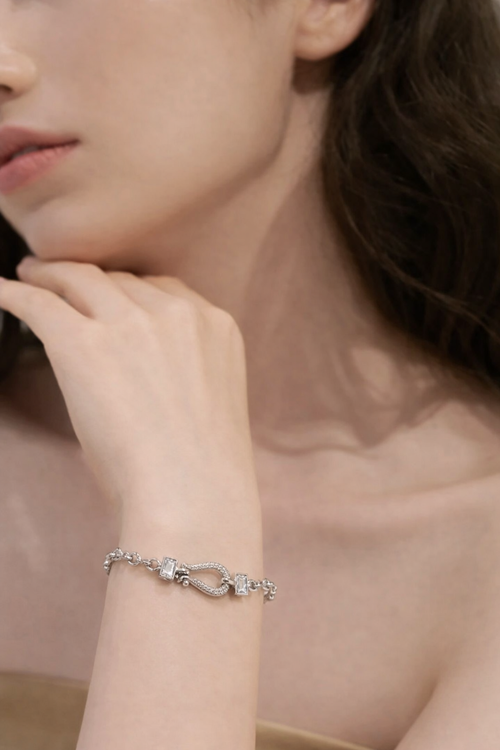 Diamond-encrusted silver bracelet with horseshoe buckle