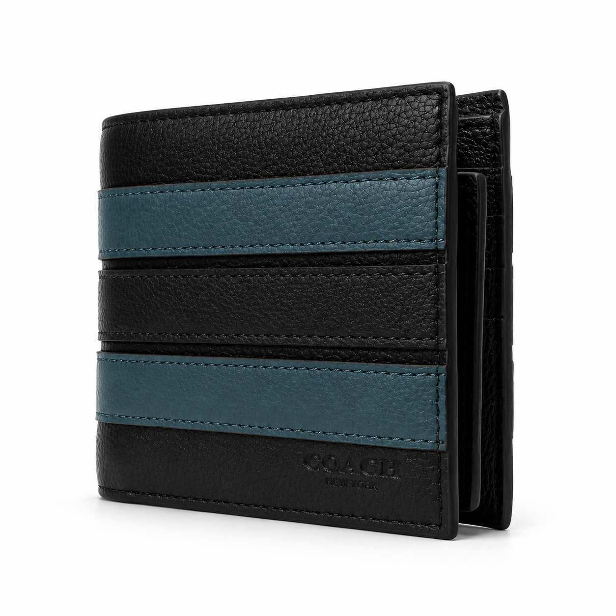 Coach Compact ID 3 in 1 Varsity Stripe Black Denim Midnight Navy Wallet
