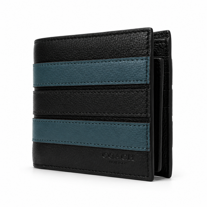 Coach Compact ID 3 in 1 Varsity Stripe Black Denim Midnight Navy Wallet
