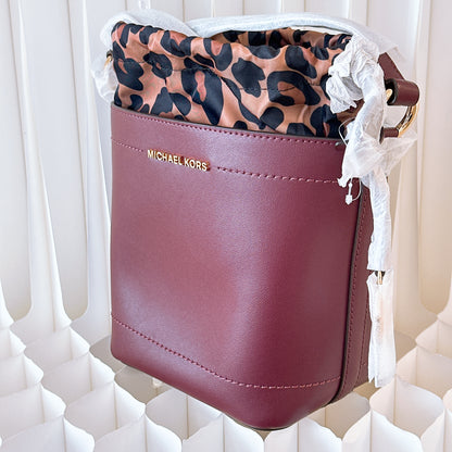 Michael Kors Leopard Print Bordeaux Bucket Shoulder Bag