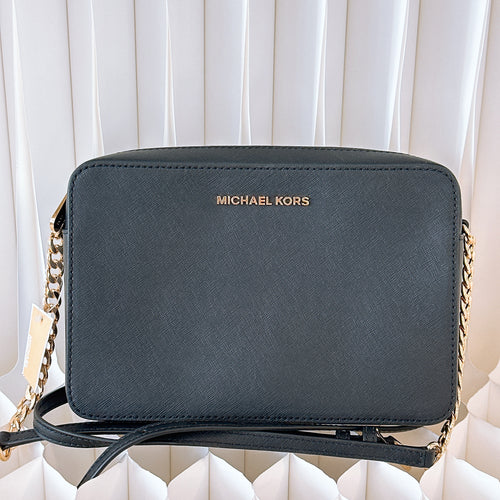 Michael Kors Jet Set Large EW Leather Crossbody Bag Black Solid/Gold