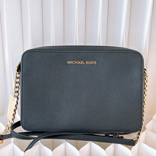 Michael Kors Jet Set Large EW Leather Crossbody Bag Black Solid/Gold