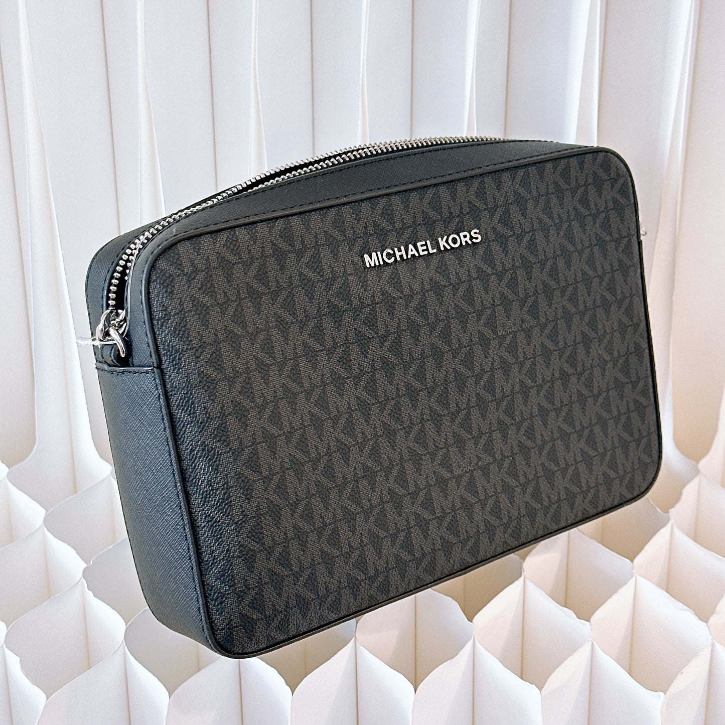 MICHAEL KORS JET SET LARGE ZIP CHAIN CROSSBODY BAG SHOULDER MK BLACK LOGO SILVER