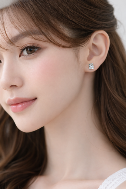 Square cubic zirconia cluster sterling silver earrings