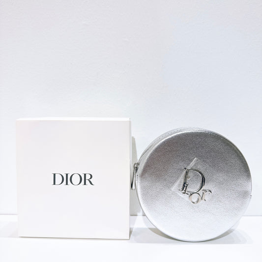Dior Silver Round Leather Pouch Cosmetic Case Limited Novelty Boxed Authentic