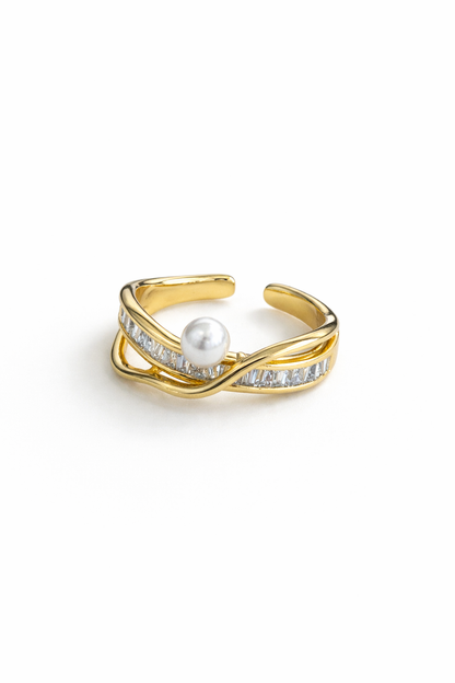 Golden pearls and long steps ring