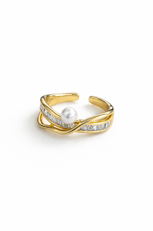 Golden pearls and long steps ring