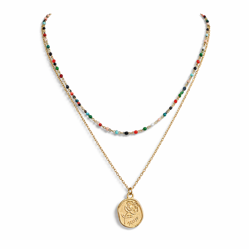 Gold double-layer rose pendant necklace