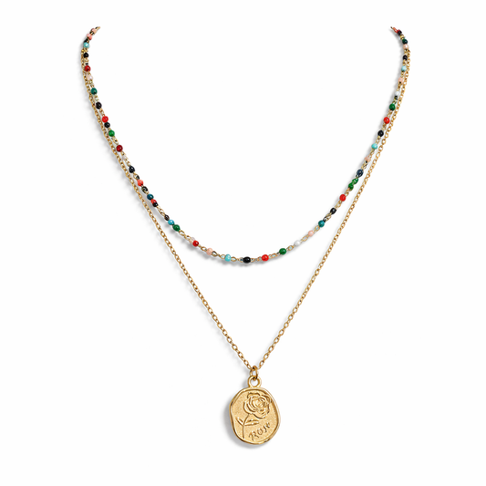 Gold double-layer rose pendant necklace