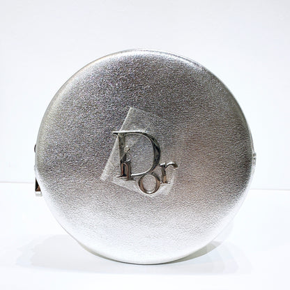 Dior Silver Round Leather Pouch Cosmetic Case Limited Novelty Boxed Authentic