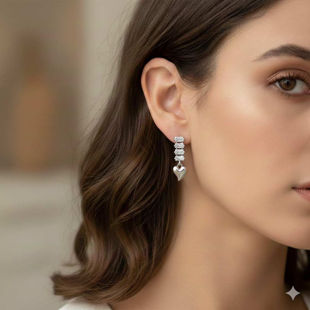 Silver rectangular heart-shaped earrings