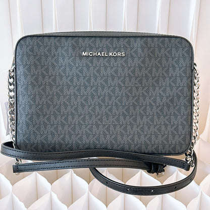 MICHAEL KORS JET SET LARGE ZIP CHAIN CROSSBODY BAG SHOULDER MK BLACK LOGO SILVER