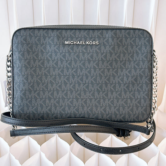 MICHAEL KORS JET SET LARGE ZIP CHAIN CROSSBODY BAG SHOULDER MK BLACK LOGO SILVER