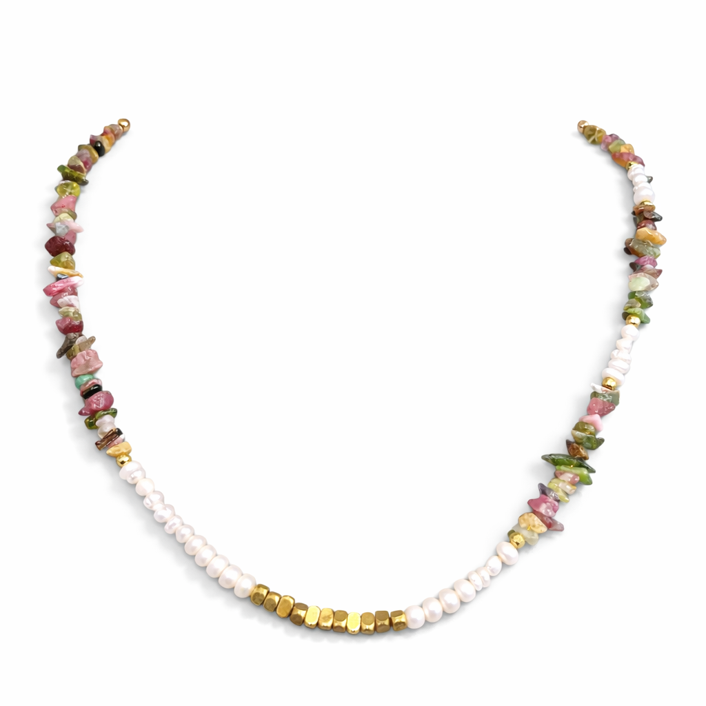 Multi-color tourmaline pearl necklace