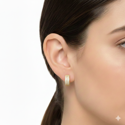 Gold three-row diamond-shaped ring earrings