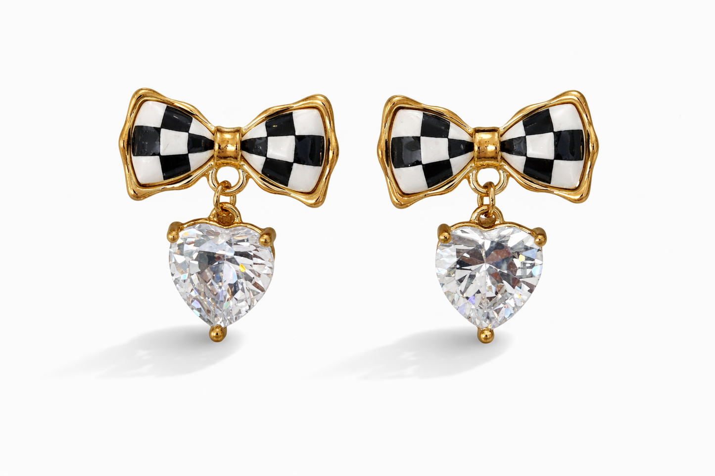 Black and White Checkered Bow Heart Earrings