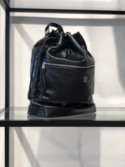 (Preorder) MCM Black Medium Italian Soft leather drawstring Backpack