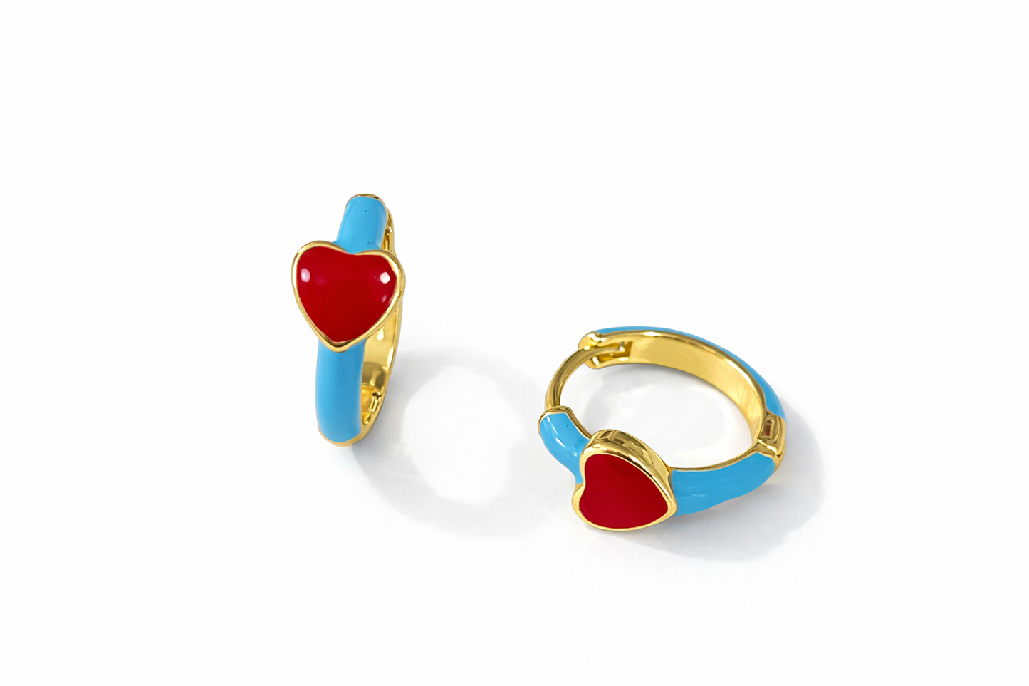 Gold and blue enamel circle earrings with red love pendant