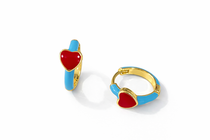 Gold and blue enamel circle earrings with red love pendant