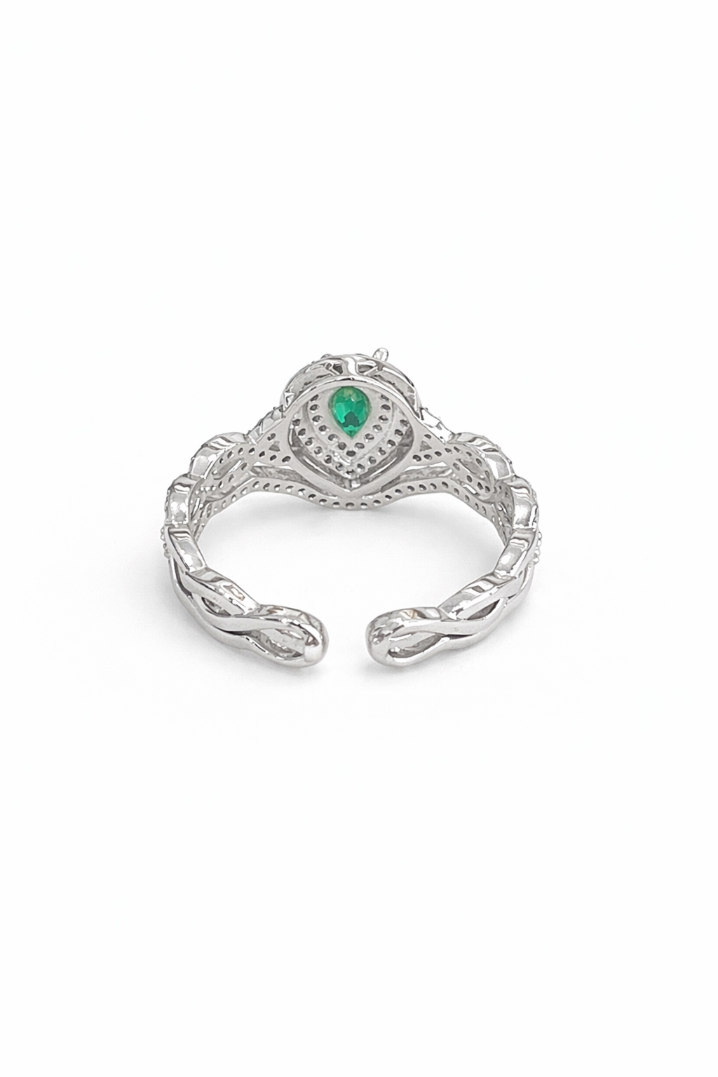 Silver inlaid pear-shaped cut green gemstone ring