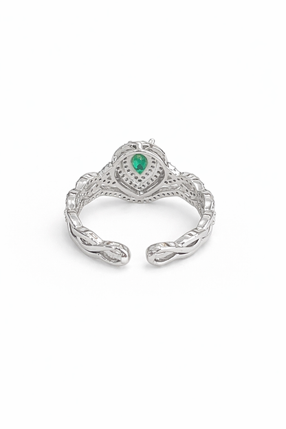 Silver inlaid pear-shaped cut green gemstone ring