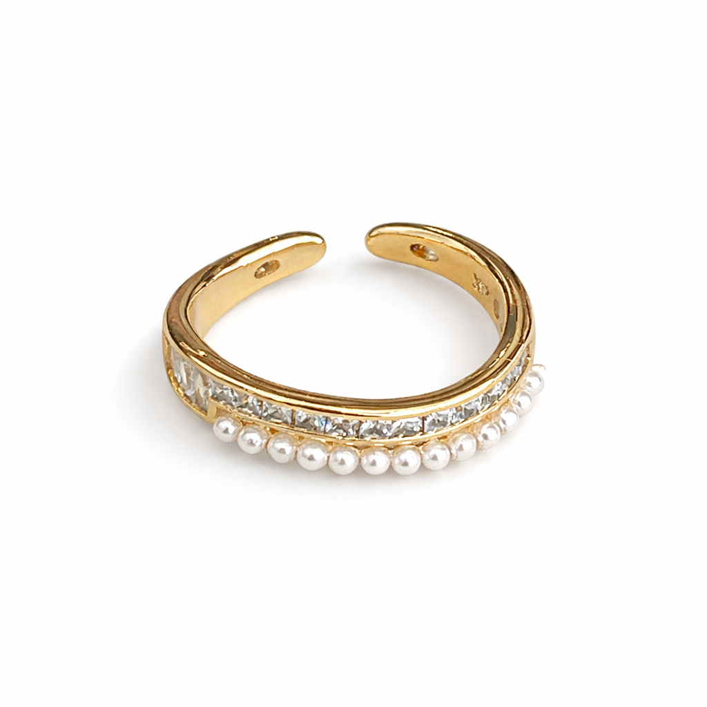 Golden pearl crystal open ring
