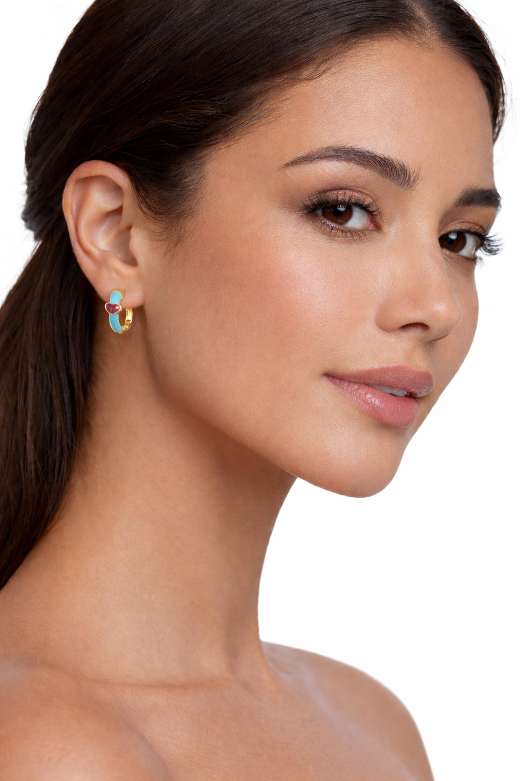 Gold and blue enamel circle earrings with red love pendant