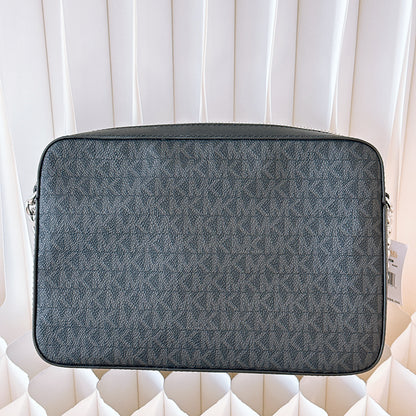 MICHAEL KORS JET SET LARGE ZIP CHAIN CROSSBODY BAG SHOULDER MK BLACK LOGO SILVER