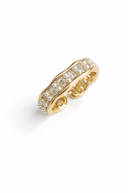 Golden pearl crystal open ring