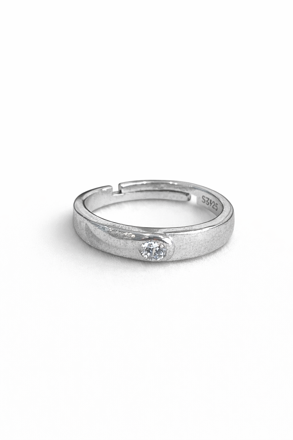 Single diamond open silver ring