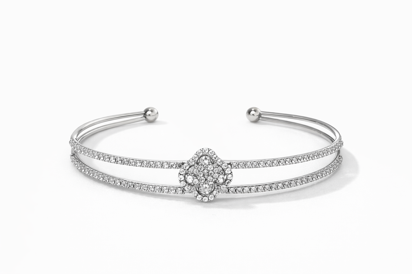 Flower-shaped diamond silver double-layer opening bracelet