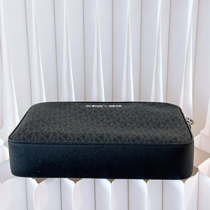 MICHAEL KORS JET SET LARGE ZIP CHAIN CROSSBODY BAG SHOULDER MK BLACK LOGO SILVER