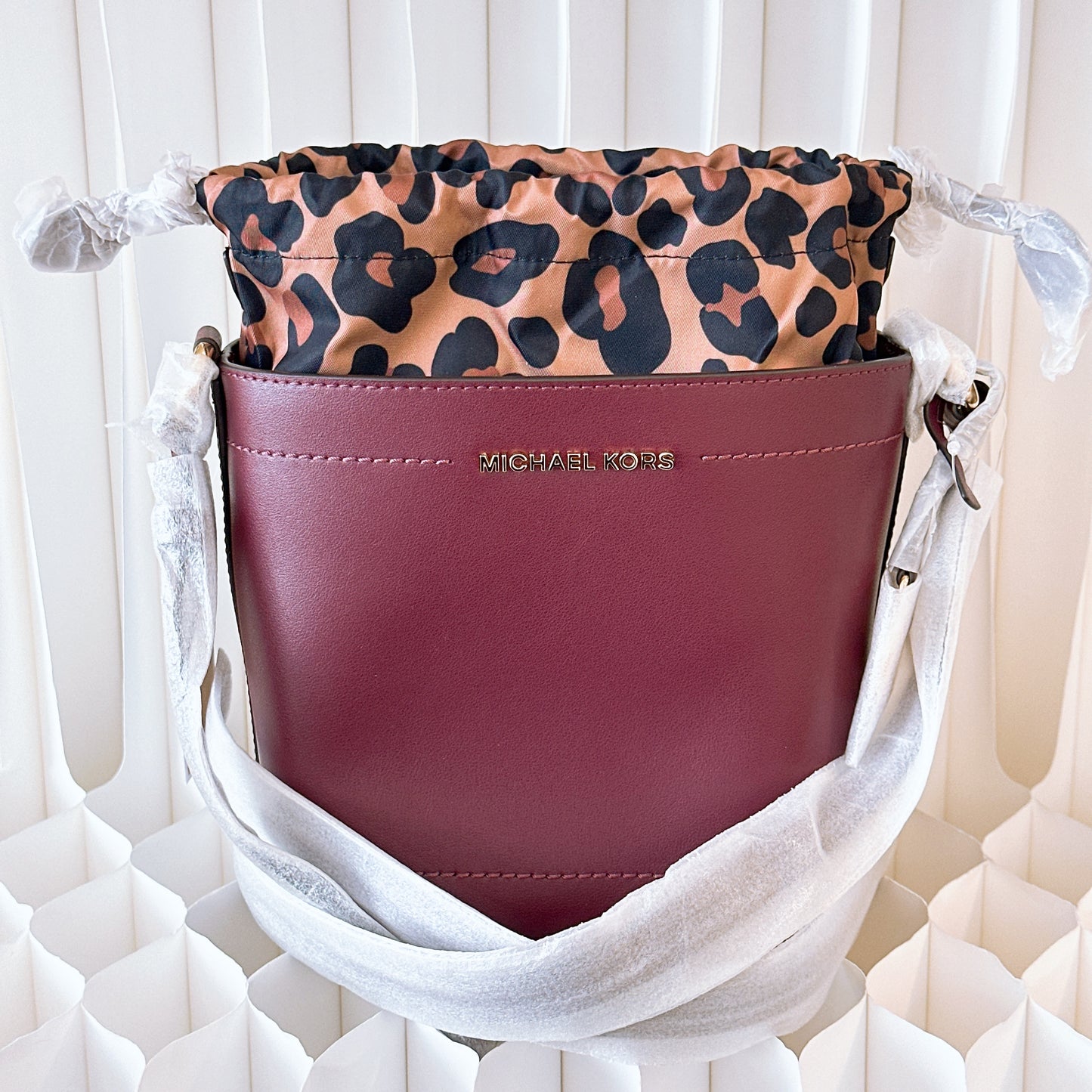 Michael Kors Leopard Print Bordeaux Bucket Shoulder Bag