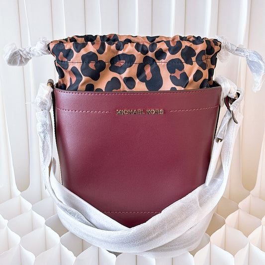 Michael Kors Leopard Print Bordeaux Bucket Shoulder Bag