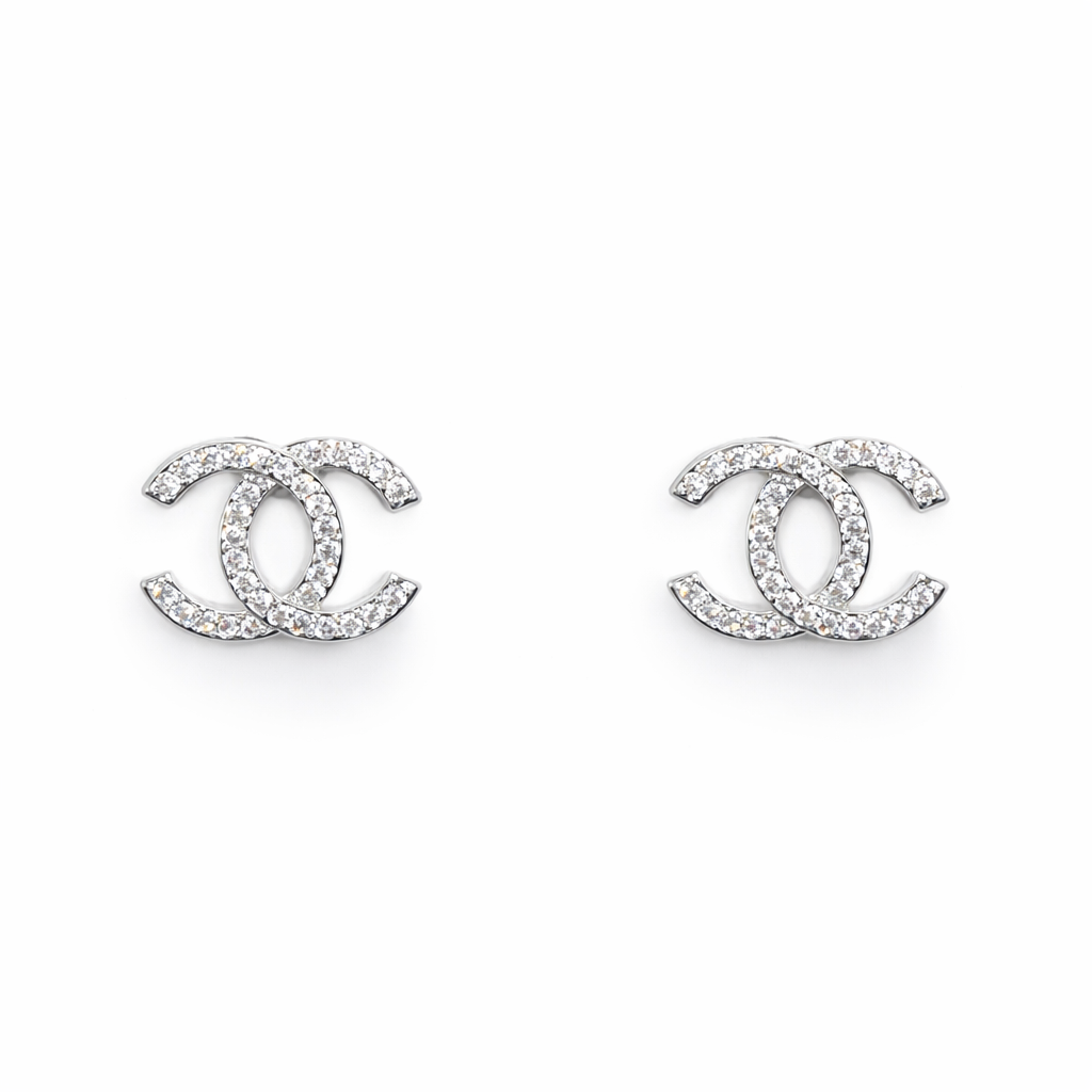 Silver Diamond CC logo earrings