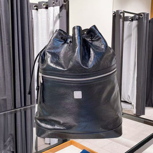 (Preorder) MCM Black Medium Italian Soft leather drawstring Backpack