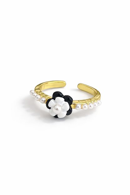Black and white Flower Gold open ring