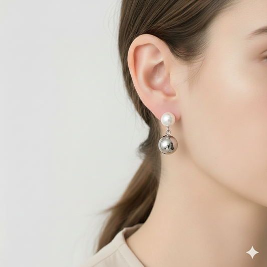 Pearl and Metallic Orb Drop Earrings