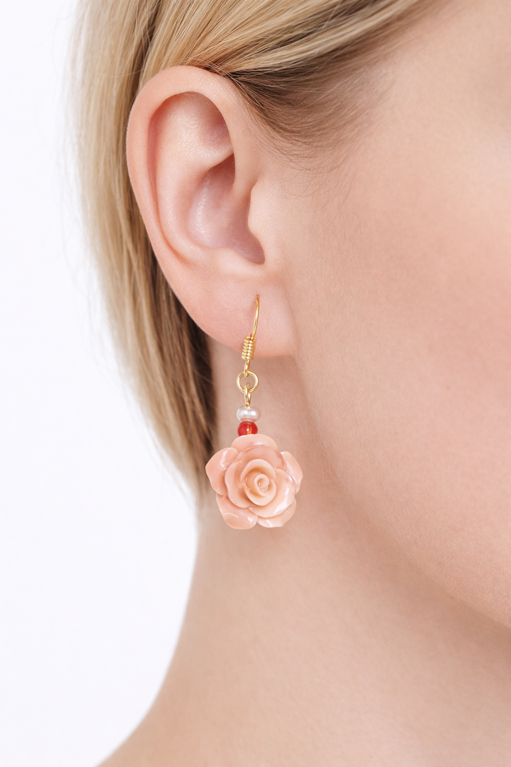 Vintage Carved Pink Rose Drop Earrings