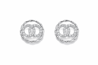 Double C Crystal Stud Earrings with Woven Frame | Silver Finish