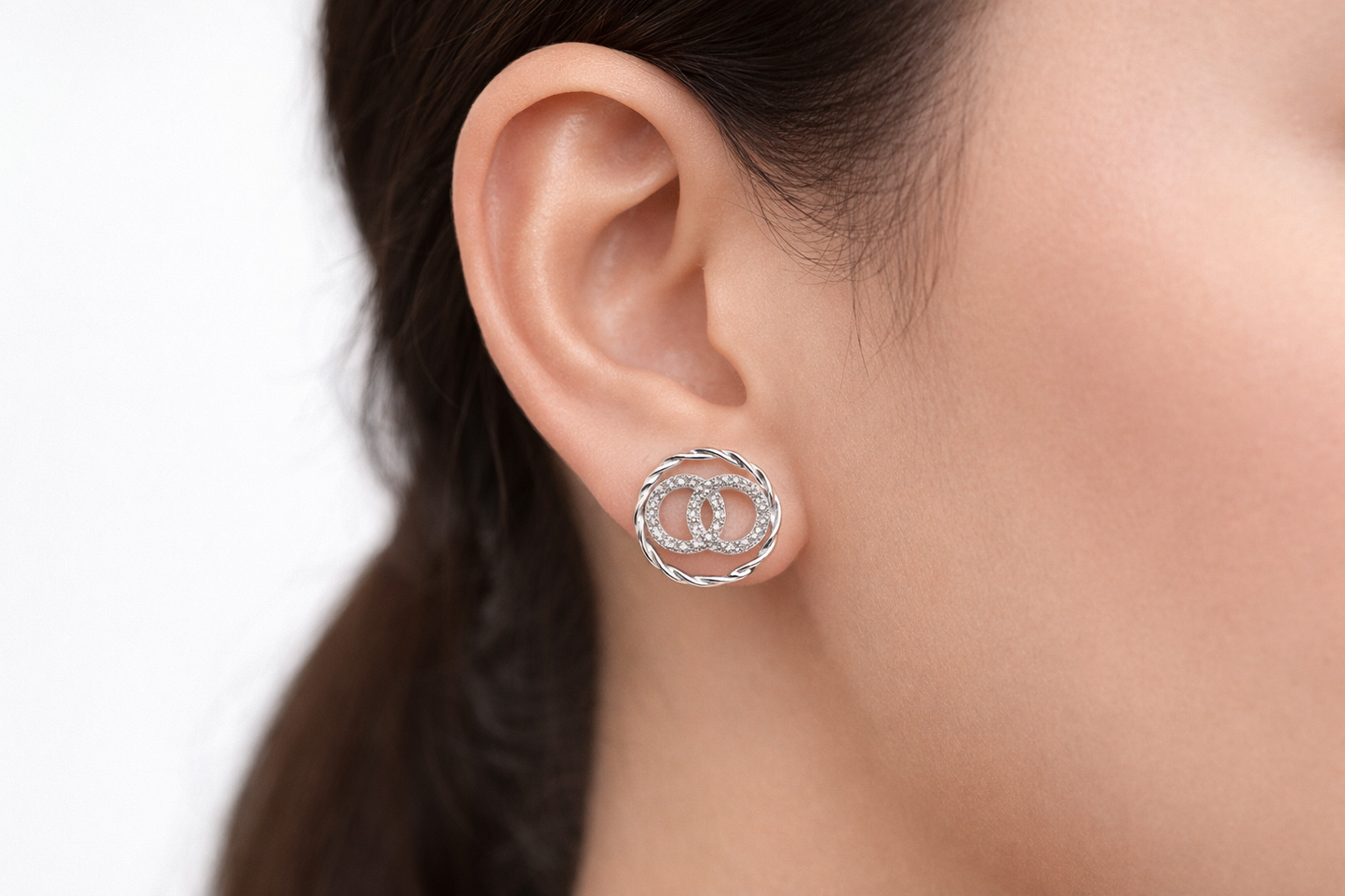 Double C Crystal Stud Earrings with Woven Frame | Silver Finish