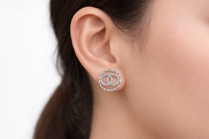 Double C Crystal Stud Earrings with Woven Frame | Silver Finish