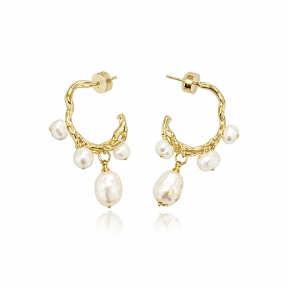 Gold irregular C-shaped baroque pearl earrings