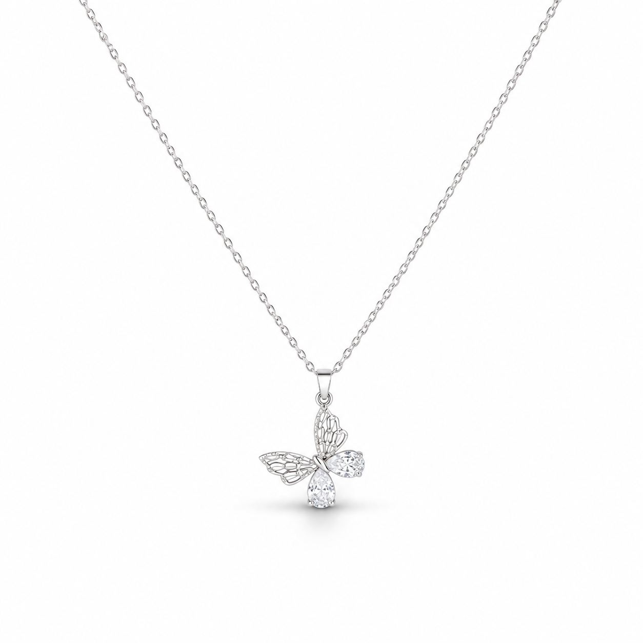 Butterfly Crystal Pendant Necklace – Silver