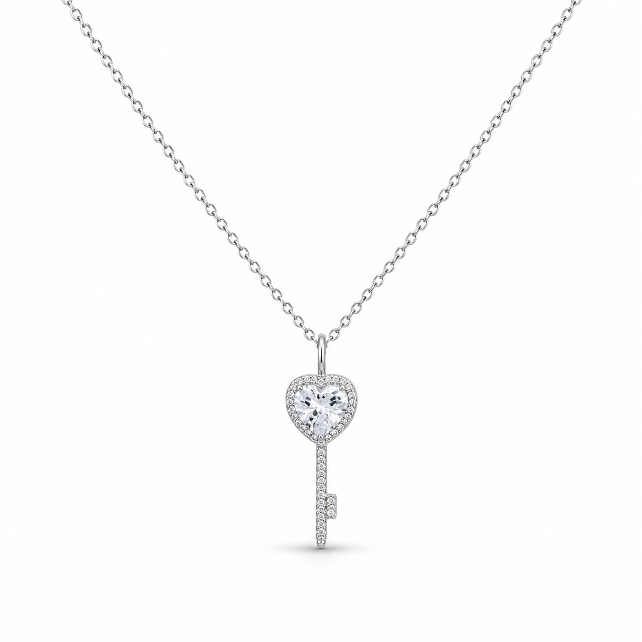 Heart Key Crystal Pendant Necklace – Silver