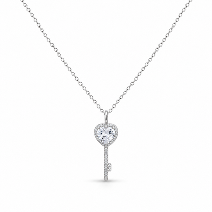 Heart Key Crystal Pendant Necklace – Silver