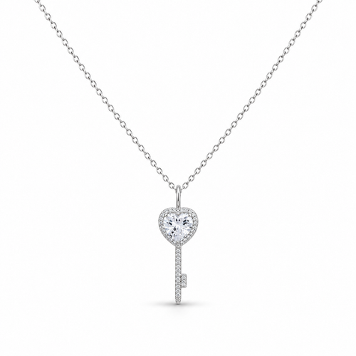Heart Key Crystal Pendant Necklace – Silver