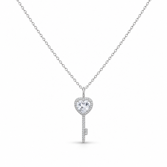 Heart Key Crystal Pendant Necklace – Silver